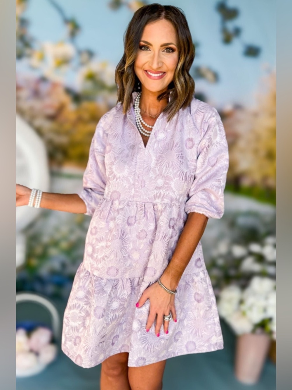 SSYS Gloria 3/4 Sleeve Tiered Ruffle Collar V-Neck Brocade Dress M Lavender